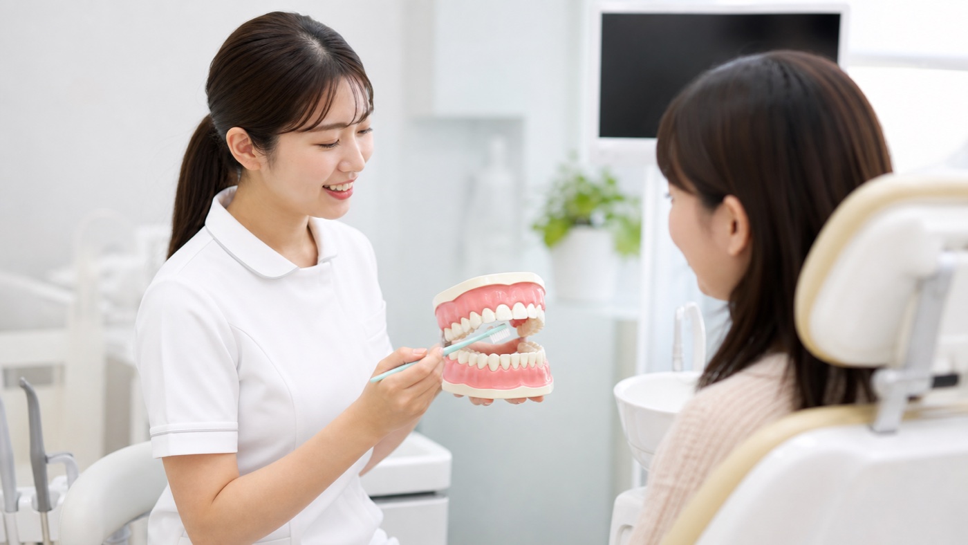 歯科衛生士が歯の模型で歯と歯ぐきの境目の磨き方を説明する様子