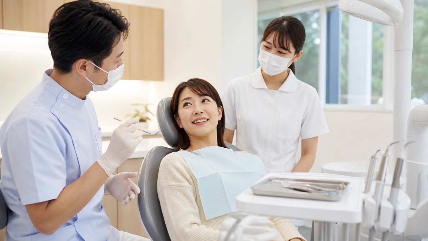 歯科医院で歯ぐきの状態とクリーニングについて説明を受ける成人患者