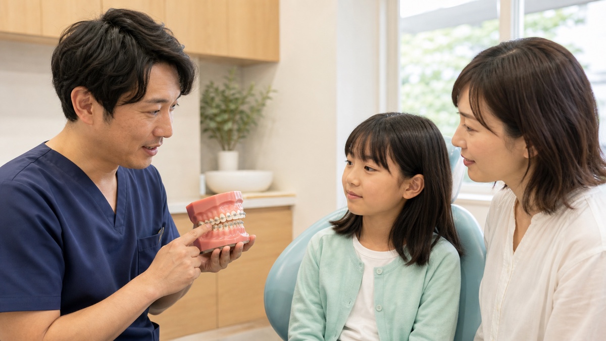 歯や矯正装置が口の粘膜に当たる位置を歯科模型で親子へ説明する歯科医師