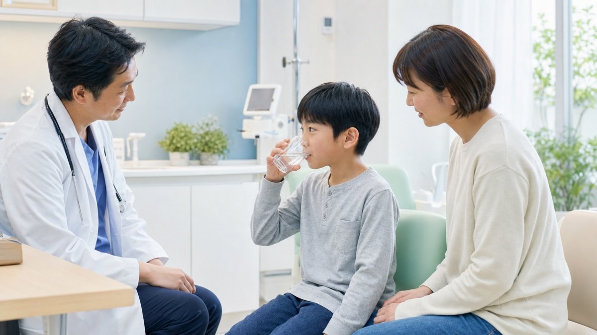 口内炎がある子供の水分摂取と全身状態を小児科医が確認している様子