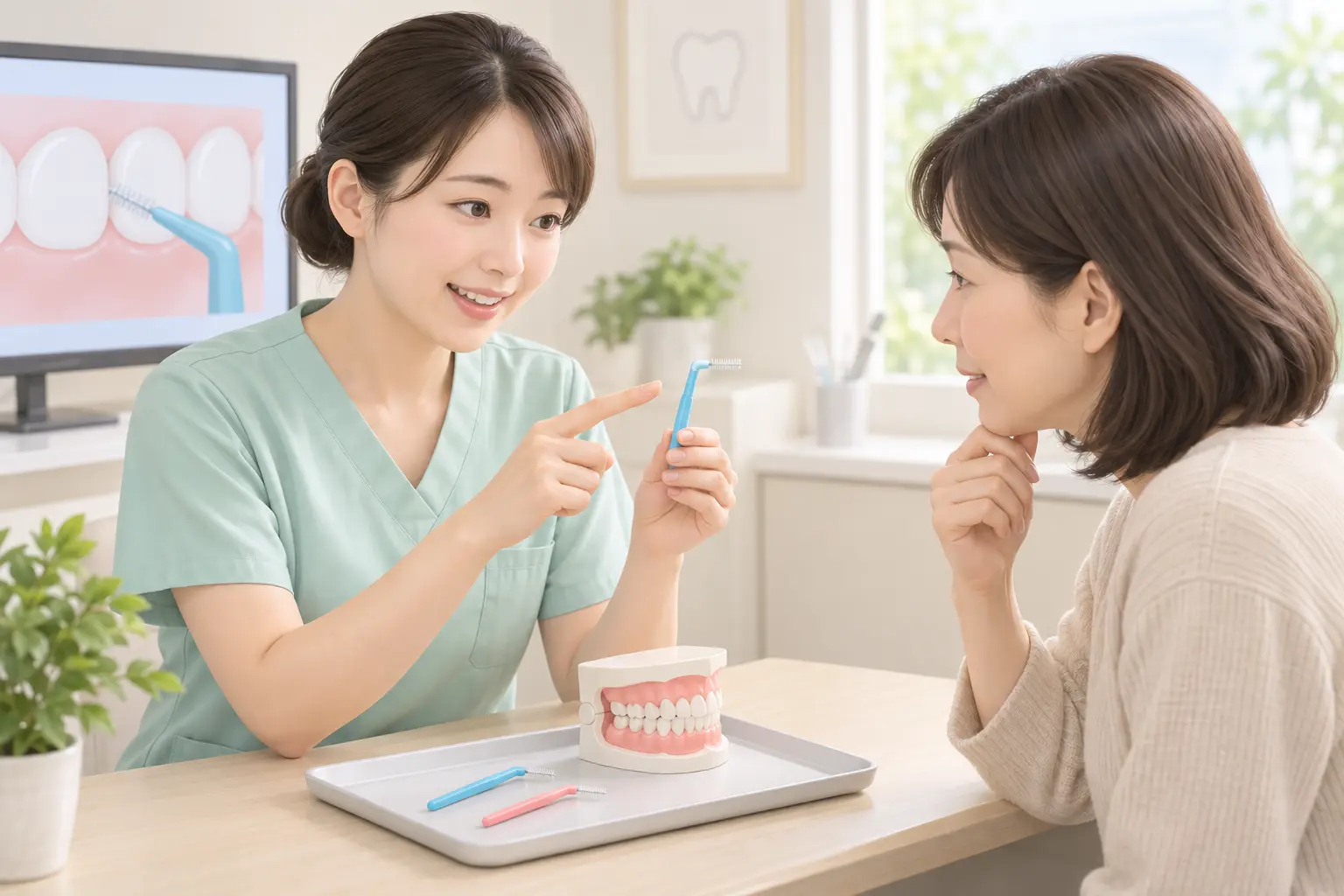 歯科医院で歯間ブラシのサイズや使い方を相談するイメージ